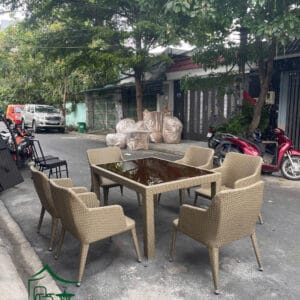 Bàn ghế đan sợi nhựa giả mây dùng cho sân vườn ngoài trời BGSVNT19