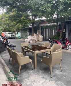 Bàn ghế đan sợi nhựa giả mây dùng cho sân vườn ngoài trời BGSVNT19