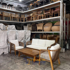 Sofa gỗ teak đan sợi nhựa giả mây kháng tia UV SCFTT01